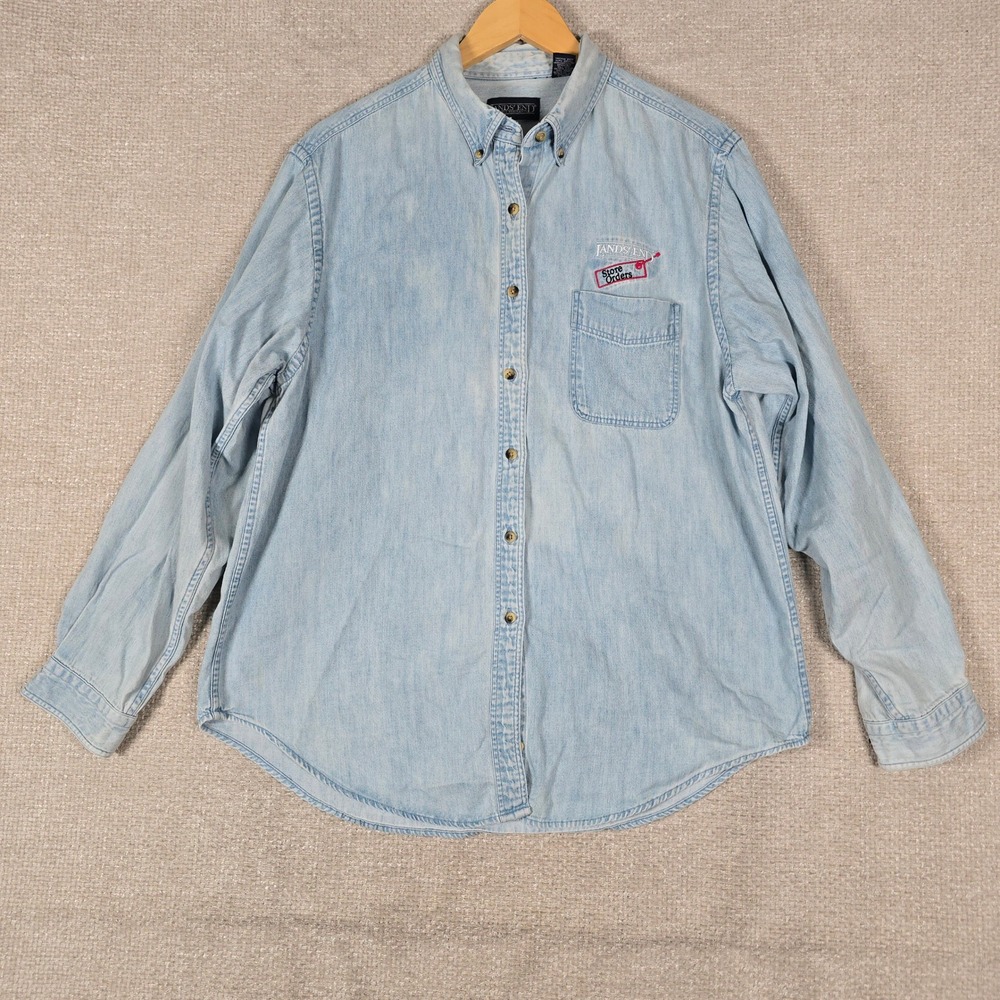 Lands‎ End Womens Denim Button Down Shirt Light Wash Cotton L 14-16 Store Orders